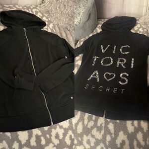 Victoria's Secret black full zip jacket w/bling silver sequin VS logo & heart